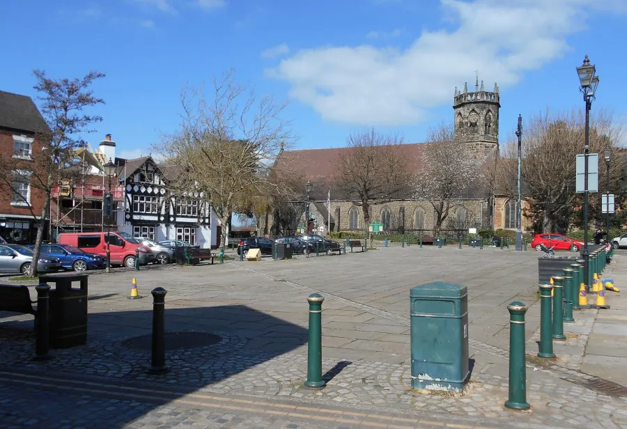 Atherstone Market Square, looking north towards St Mary's Church.