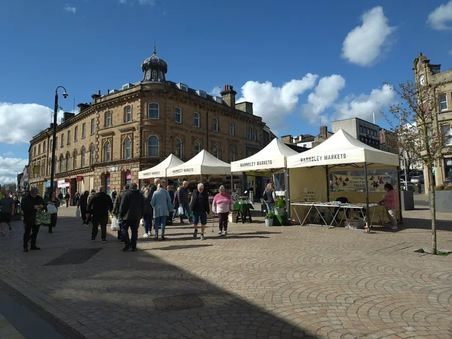 Barnsley town centre on a sunny market day. March 2024