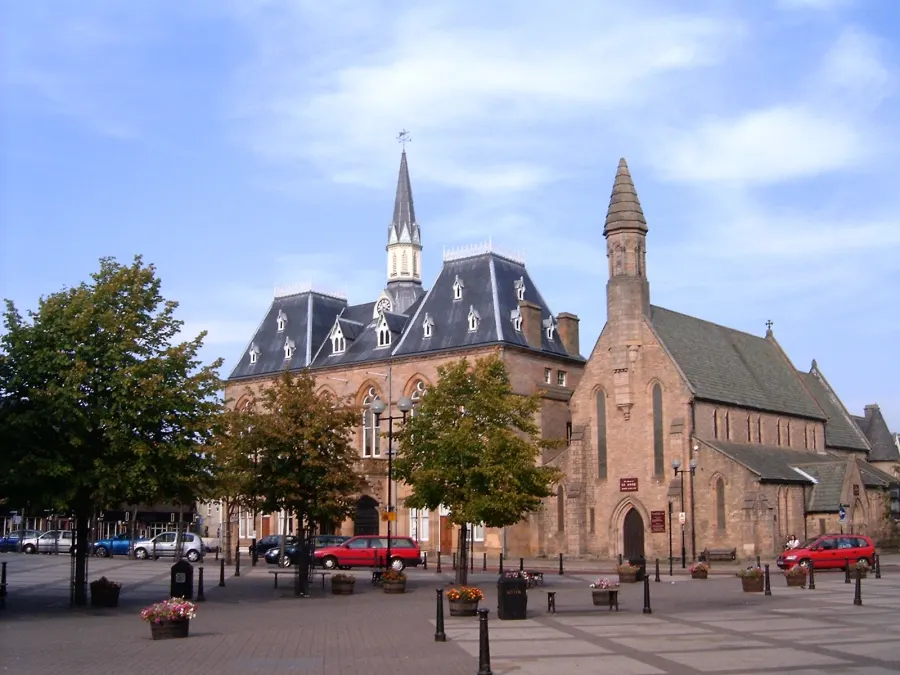 Town Hall (left) and St Anne's parish church (right), Bishop Auckland, County Durham, seen from the southwest