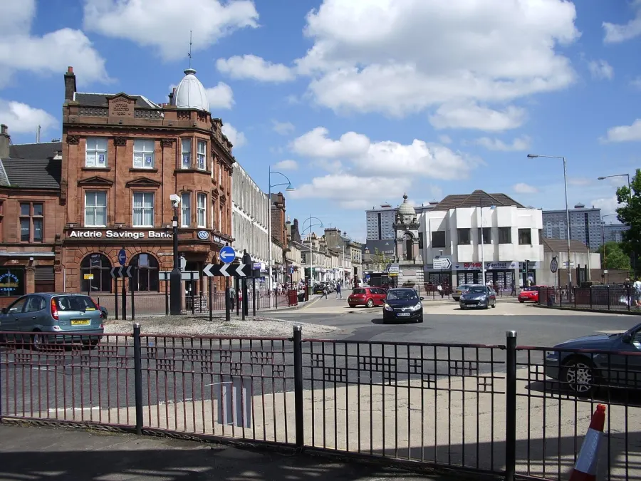 The Whitelaw Fountain and Main Street of Coatbridge.