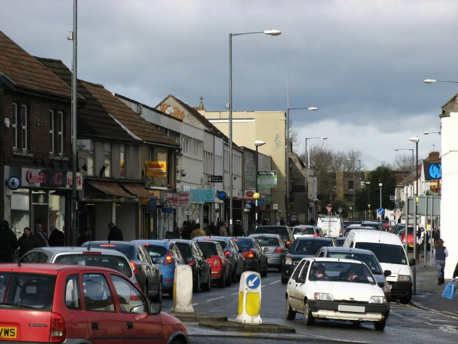 Southern end of the High Street, Keynsham, on a busy Saturday.