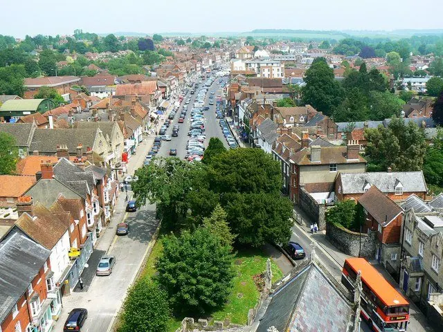 High Street, Marlborough from St Peter's church roof Looking north-east up the Georgian High Street.