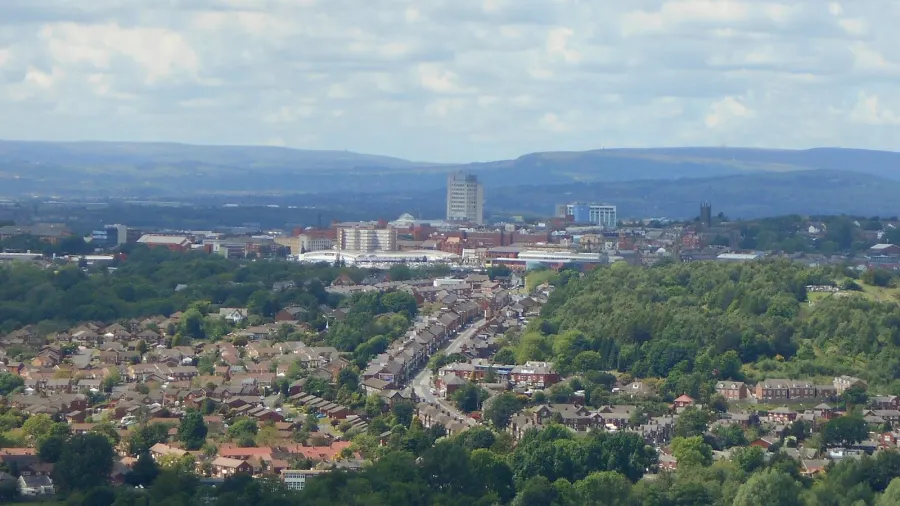 Closeup of Oldham town centre from Hartshead Pike.