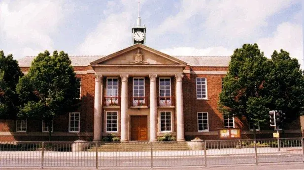 Padiham Town Hall, Lancashire. Photographed 1994, scan from colour negative.