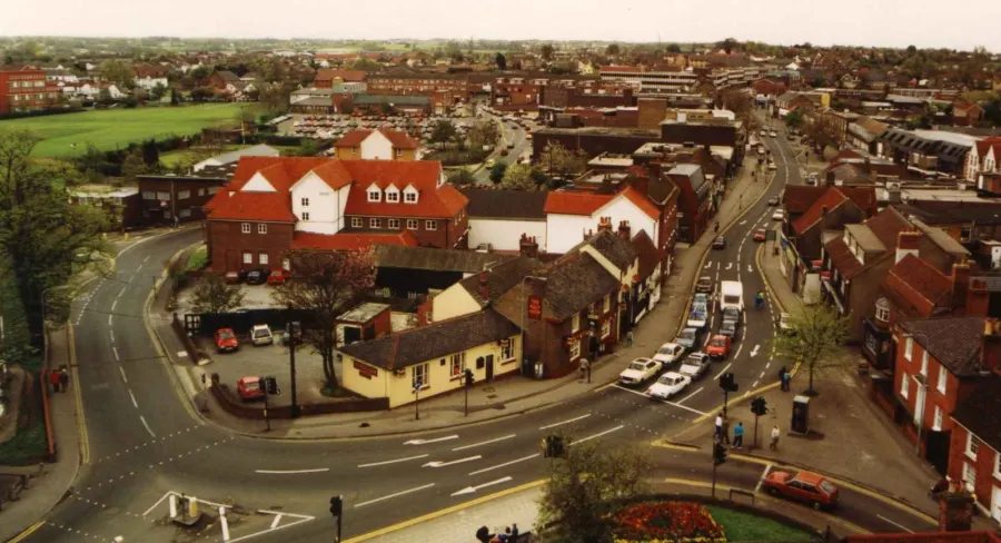Photograph of Rayleigh High Street from the top of Rayleigh Church.
