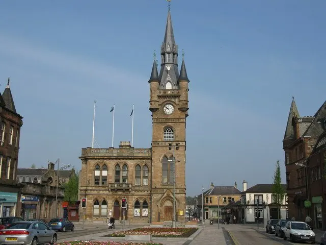 Renfrew Town Hall Grade 1 listed building in the Gothic Revival Style situated at the end of High Street.