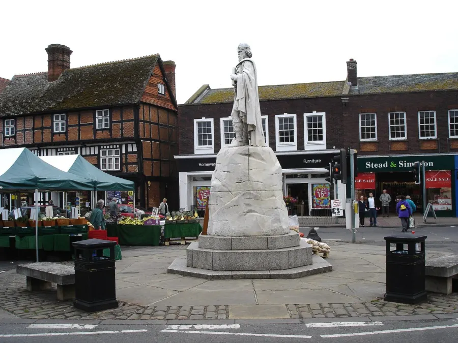 Shot of the Northern side of Wantage Market Place with the statue of King Alfred the Great