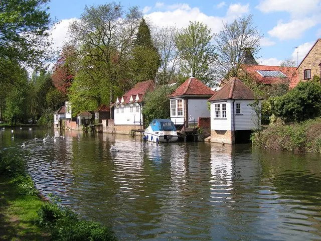 Ware Gazebos, from the south bank of Lee Navigation (of River Lea), at Ware in Hertfordshire.