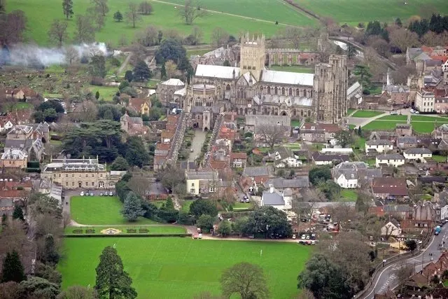 Aerial view of Wells Cathedral and the cathedral precinct including Vicars' Close and Wells Cathedral School.